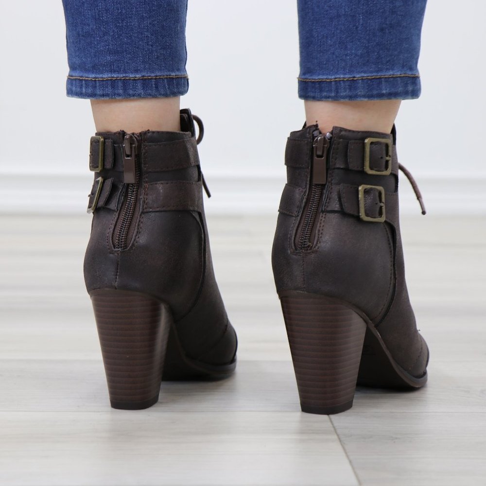Lace-Up Brown Block Cone High Heeled Ankle Boots Pointed Toe - Picture 4 of 10